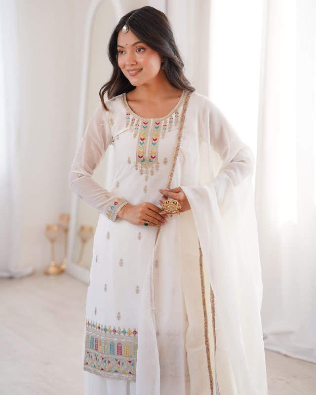 Premium White Soft Crunchy Silk Embroidery Palazo Kurti With Dupatta