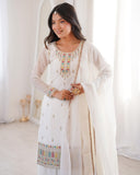 Premium White Soft Crunchy Silk Embroidery Palazo Kurti With Dupatta