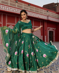 Designer Bottle Green Satin Silk Digital Print Work Lehenga Choli With Dupatta