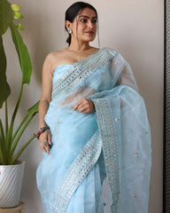 Designer Sky Organza Silk Embroidery Work Saree With Blouse