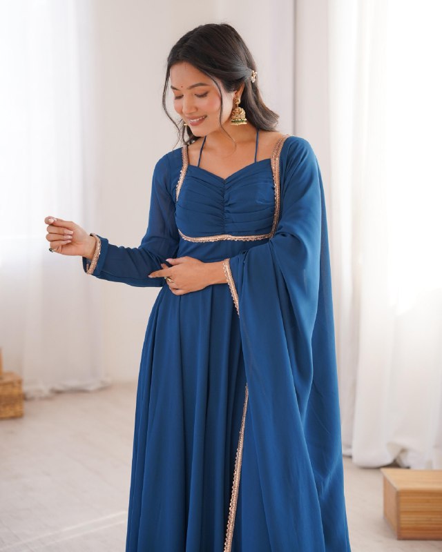 Exclusive Blue Soft Georgette Embroidery Gown Set With Dupatta