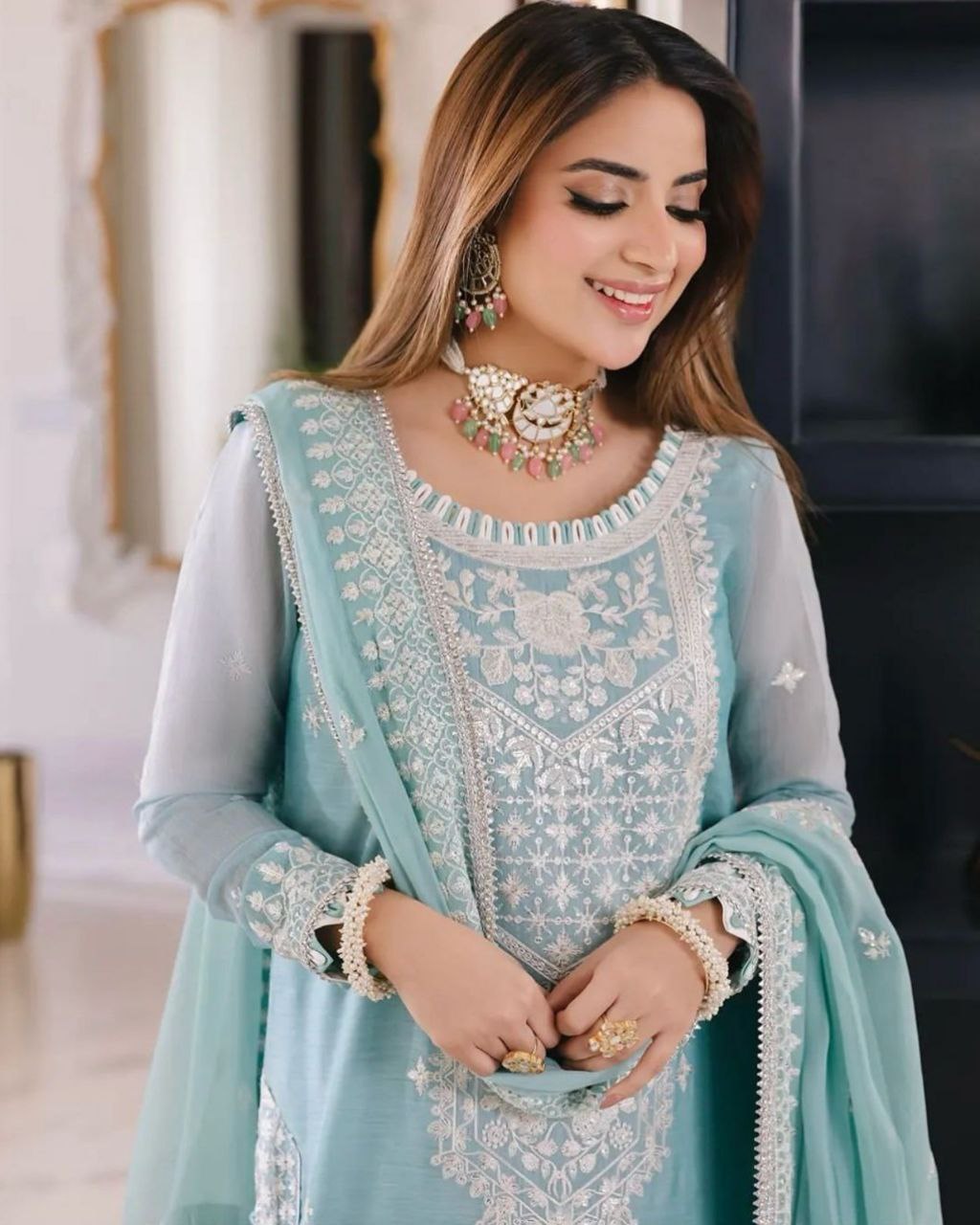 Ready To Wear Sky Pure Georgette Embroidery Work Pakistani Suit With Dupatta