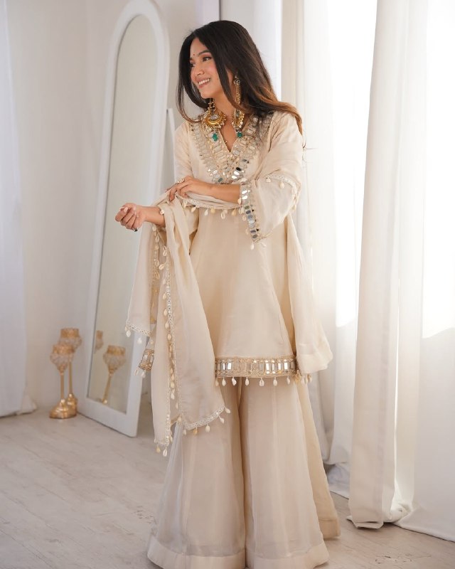 Ready To Wear Beige Chinon Silk Embroidery Gharara Frock With Dupatta