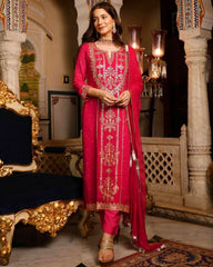 Ready To Wear Hot Red Faux Georgette Embroidery Work Pant Suit With Dupatta