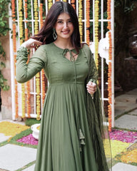 Ready To Wear Mehendi Green Faux Georgette Embroidery Work Anarkali Suit With Dupatta