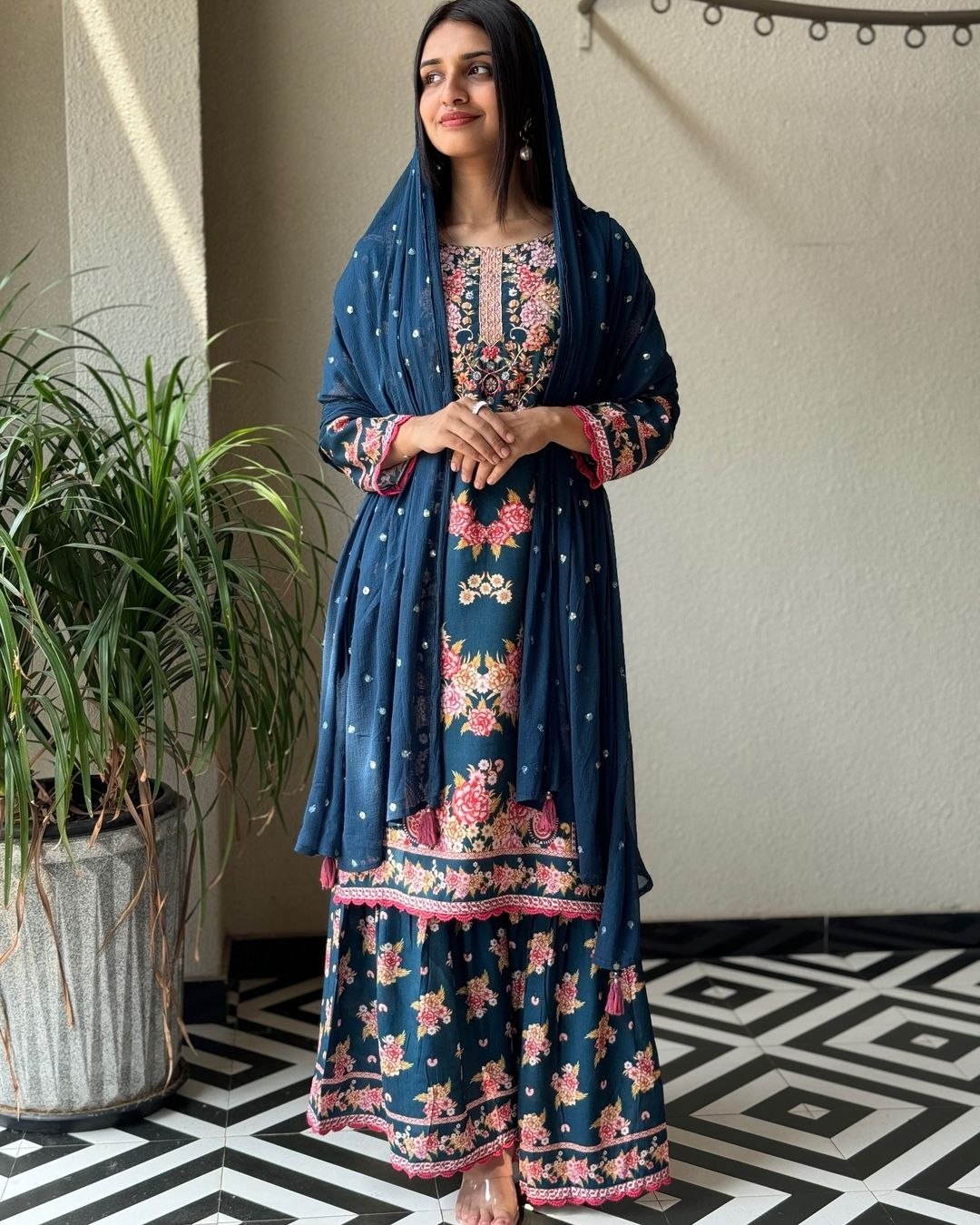 Exclusive Blue Silk Printed Sharara Suit With Dupatta