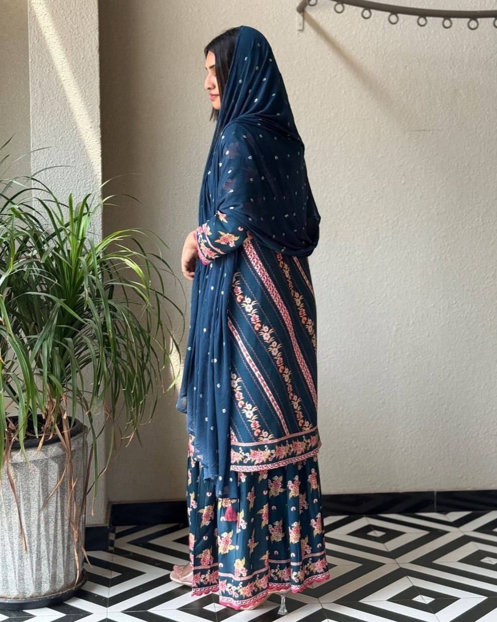 Exclusive Blue Silk Printed Sharara Suit With Dupatta