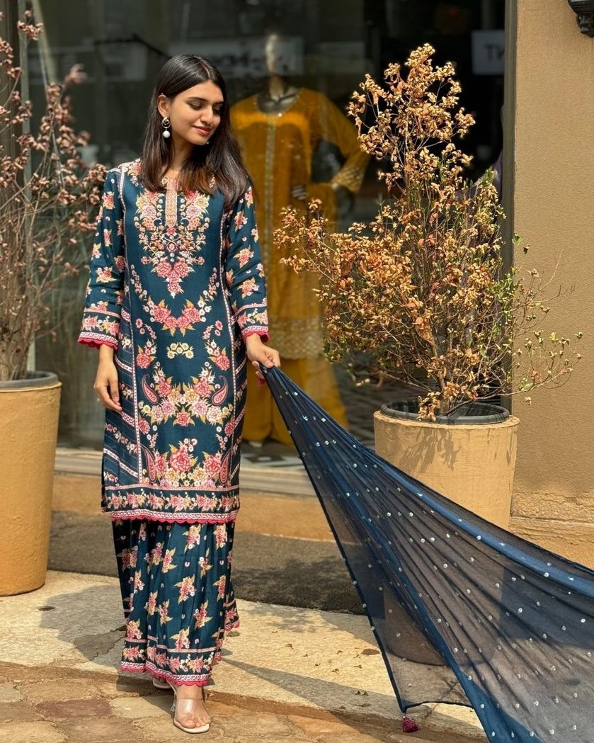 Exclusive Blue Silk Printed Sharara Suit With Dupatta