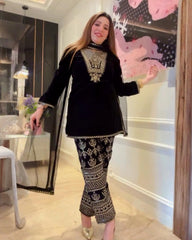 Exclusive Black & Blue Velvet Sequence Work Pant Suit With Dupatta