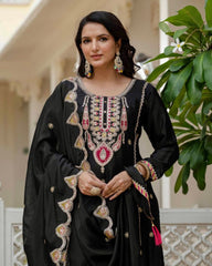 Exclusive Black & Pink Chinon Silk Sequence Work Pant Suit With Dupatta