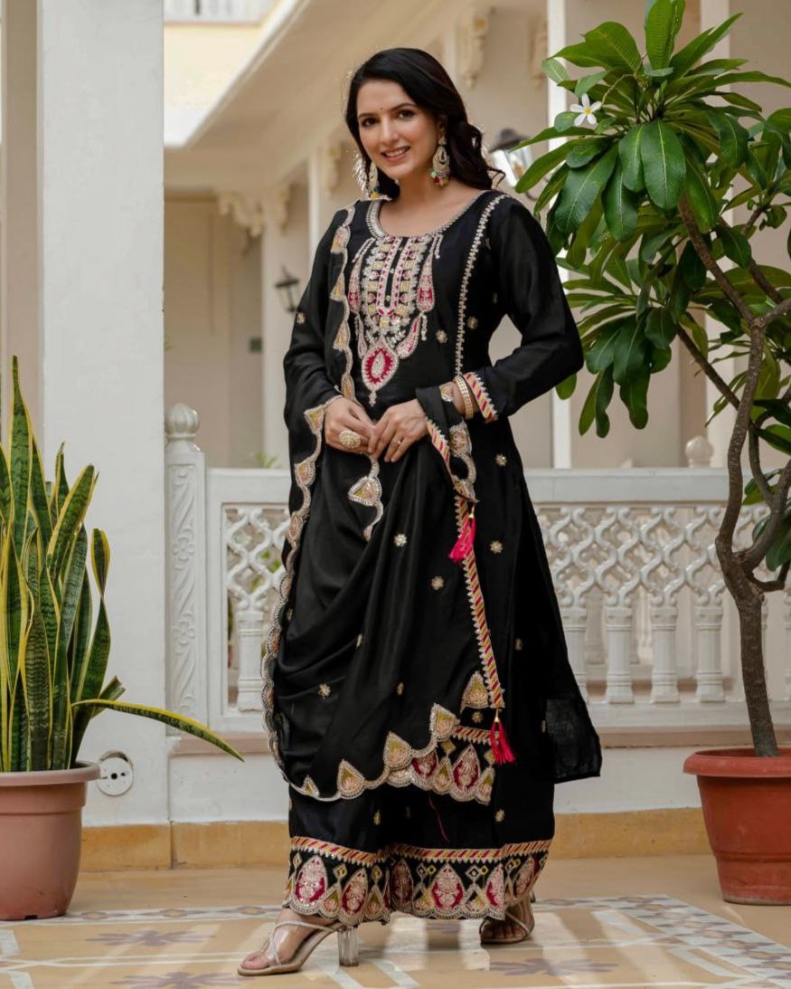 Exclusive Black & Pink Chinon Silk Sequence Work Pant Suit With Dupatta