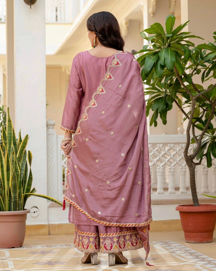 Exclusive Black & Pink Chinon Silk Sequence Work Pant Suit With Dupatta