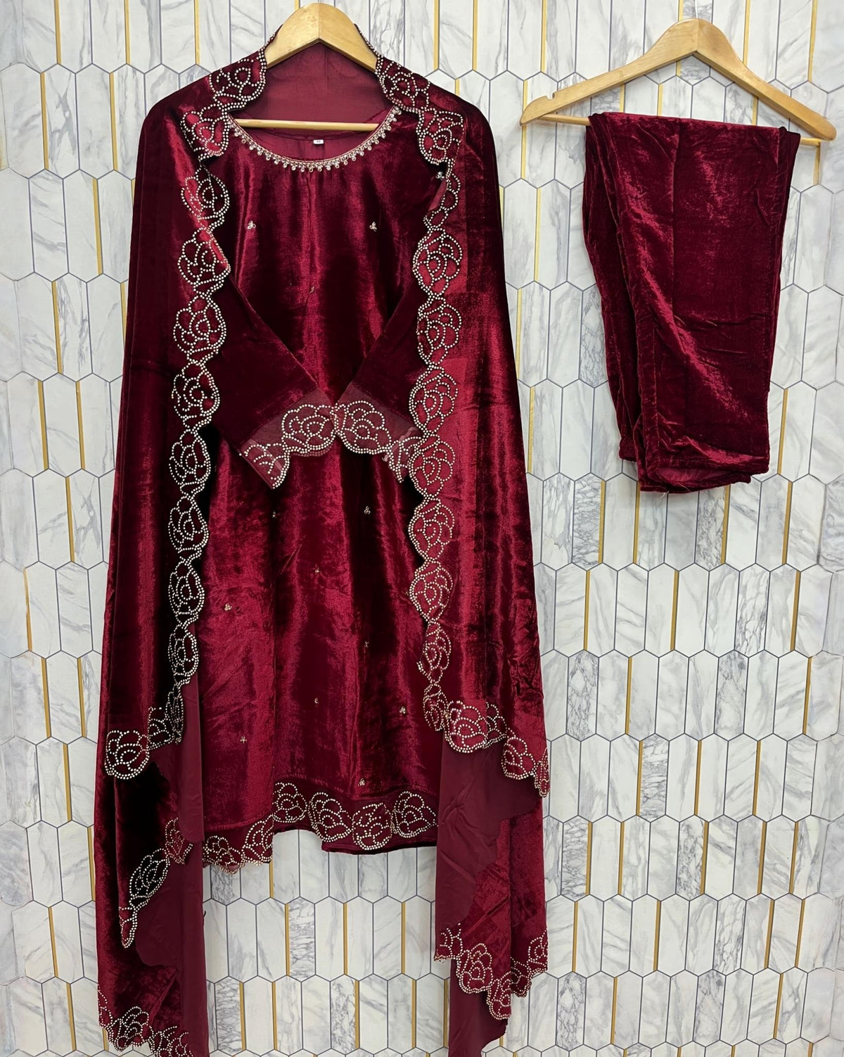 Exclusive Maroon Silk Diamond Work Pant Suit With Dupatta