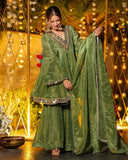 Exclusive Green Silk Mirror Work Sharara Suit With Dupatta