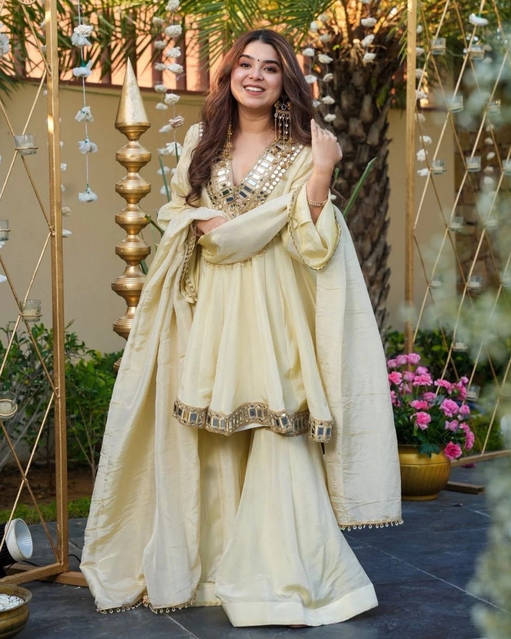 Exclusive Ivory Silk Mirror Work Sharara Suit With Dupatta