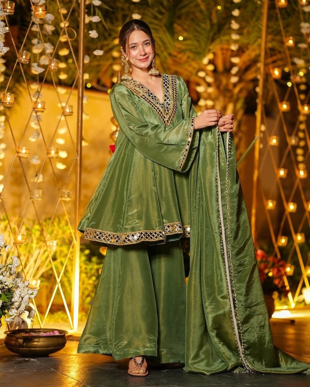 Exclusive Green Silk Mirror Work Sharara Suit With Dupatta
