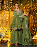 Exclusive Green Silk Mirror Work Sharara Suit With Dupatta