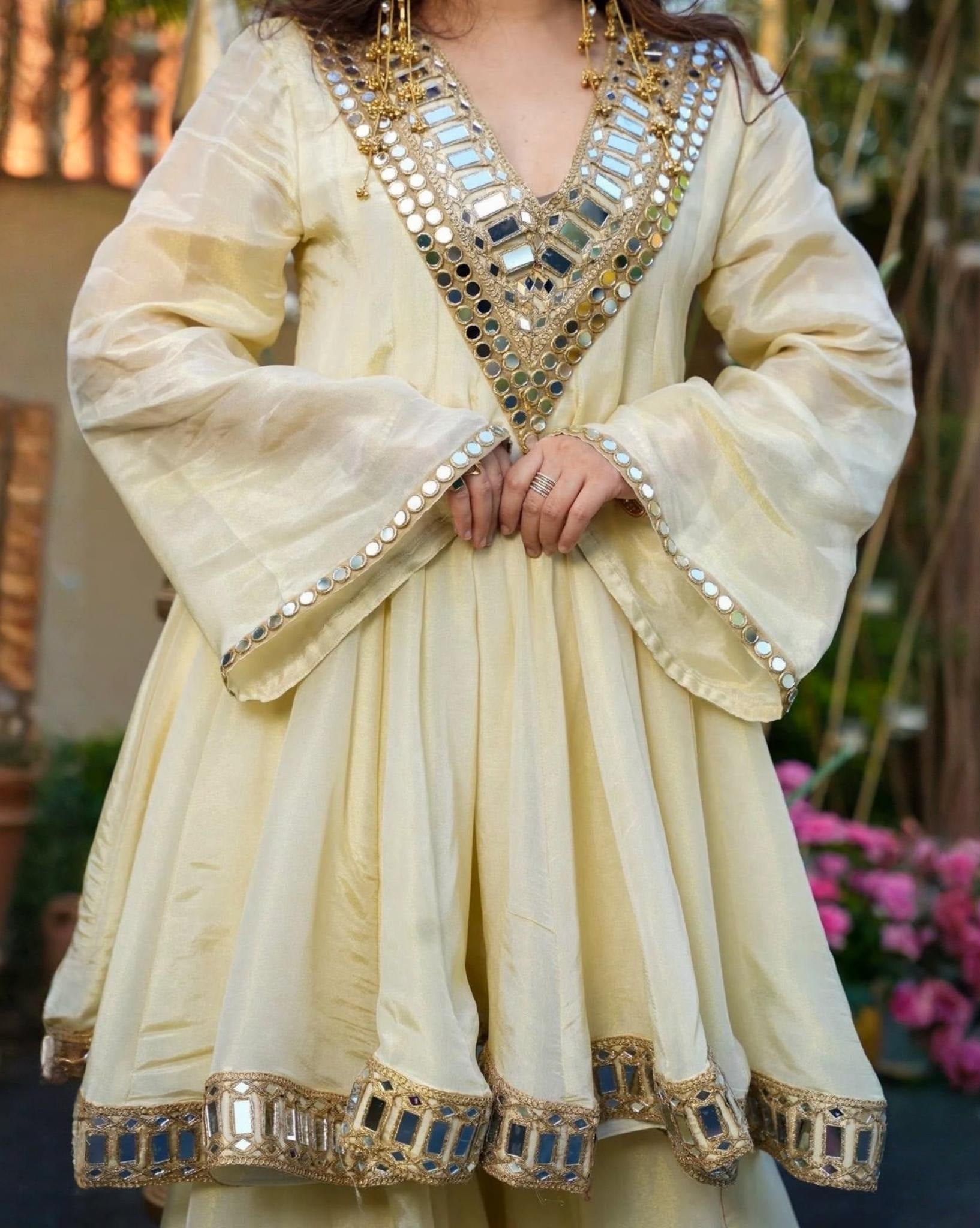 Exclusive Ivory Silk Mirror Work Sharara Suit With Dupatta