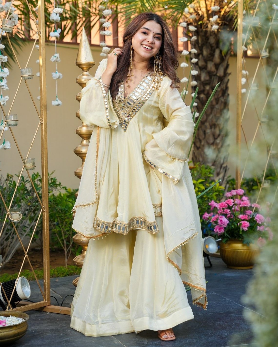 Exclusive Ivory Silk Mirror Work Sharara Suit With Dupatta