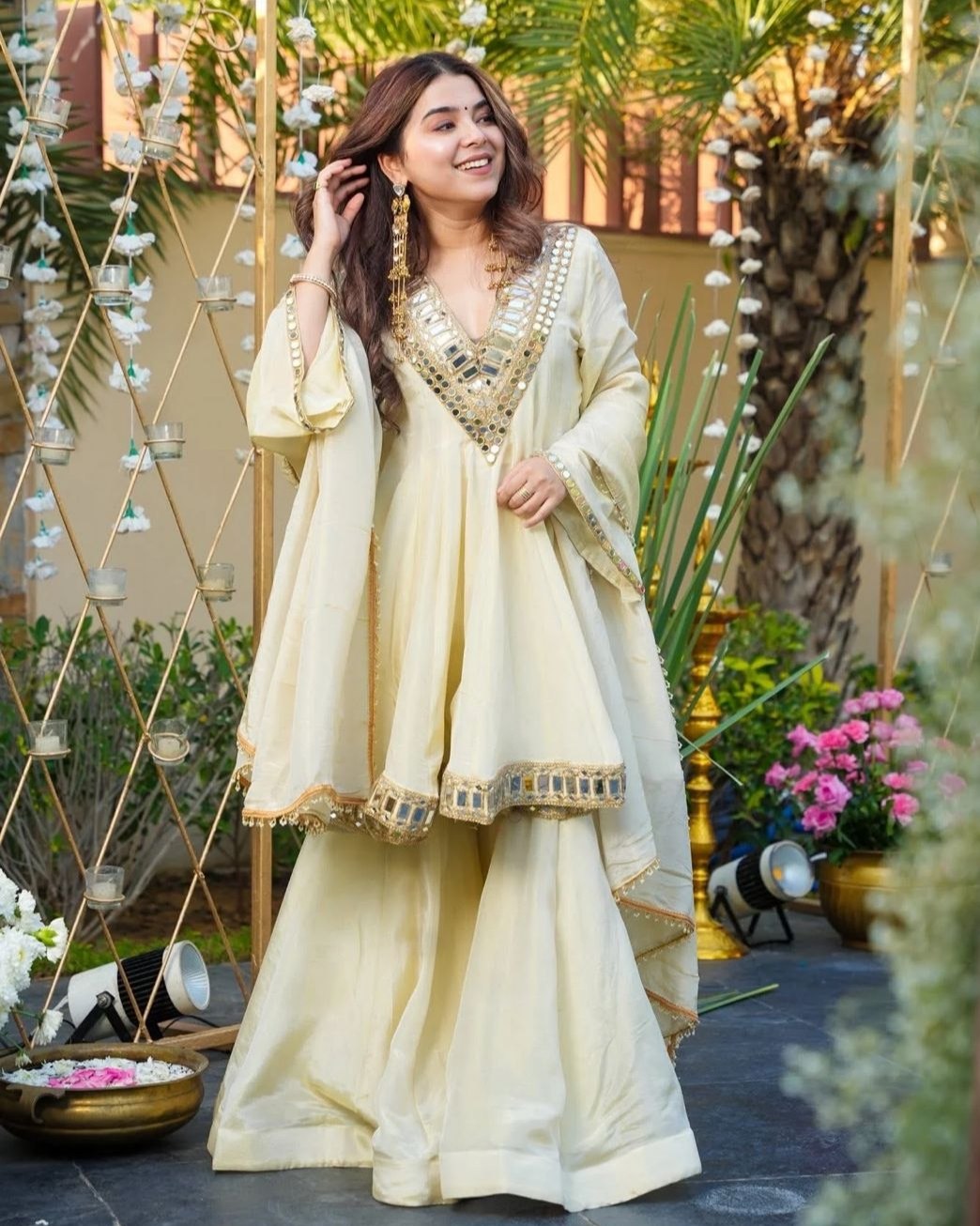 Exclusive Ivory Silk Mirror Work Sharara Suit With Dupatta