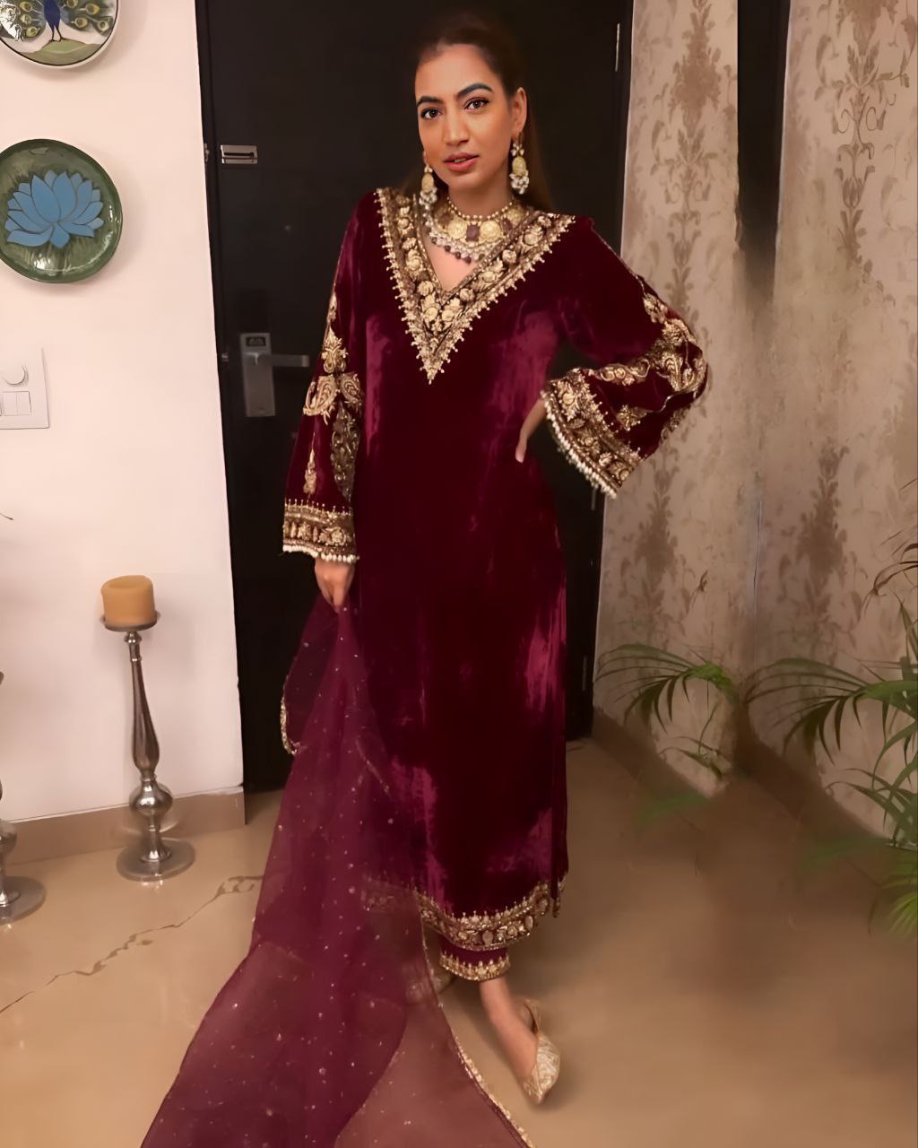 Exclusive Velvet Embroidery Work Pant Suit With Dupatta