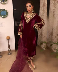 Exclusive Velvet Embroidery Work Pant Suit With Dupatta