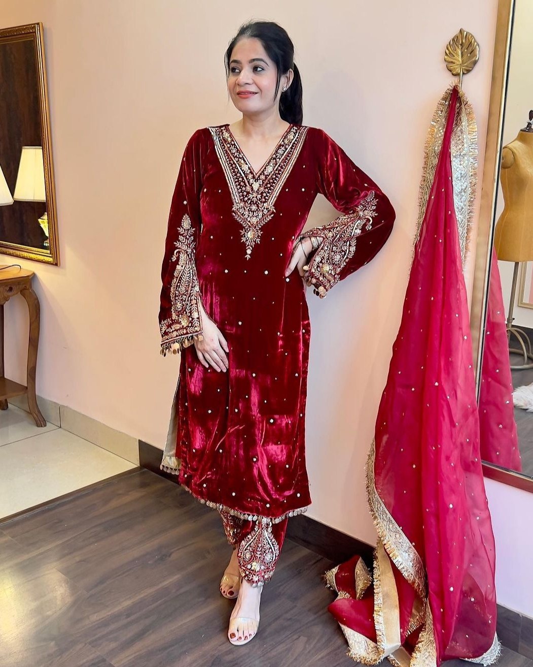 Winter Special Velvet Sequence Work Pant Suit With Dupatta