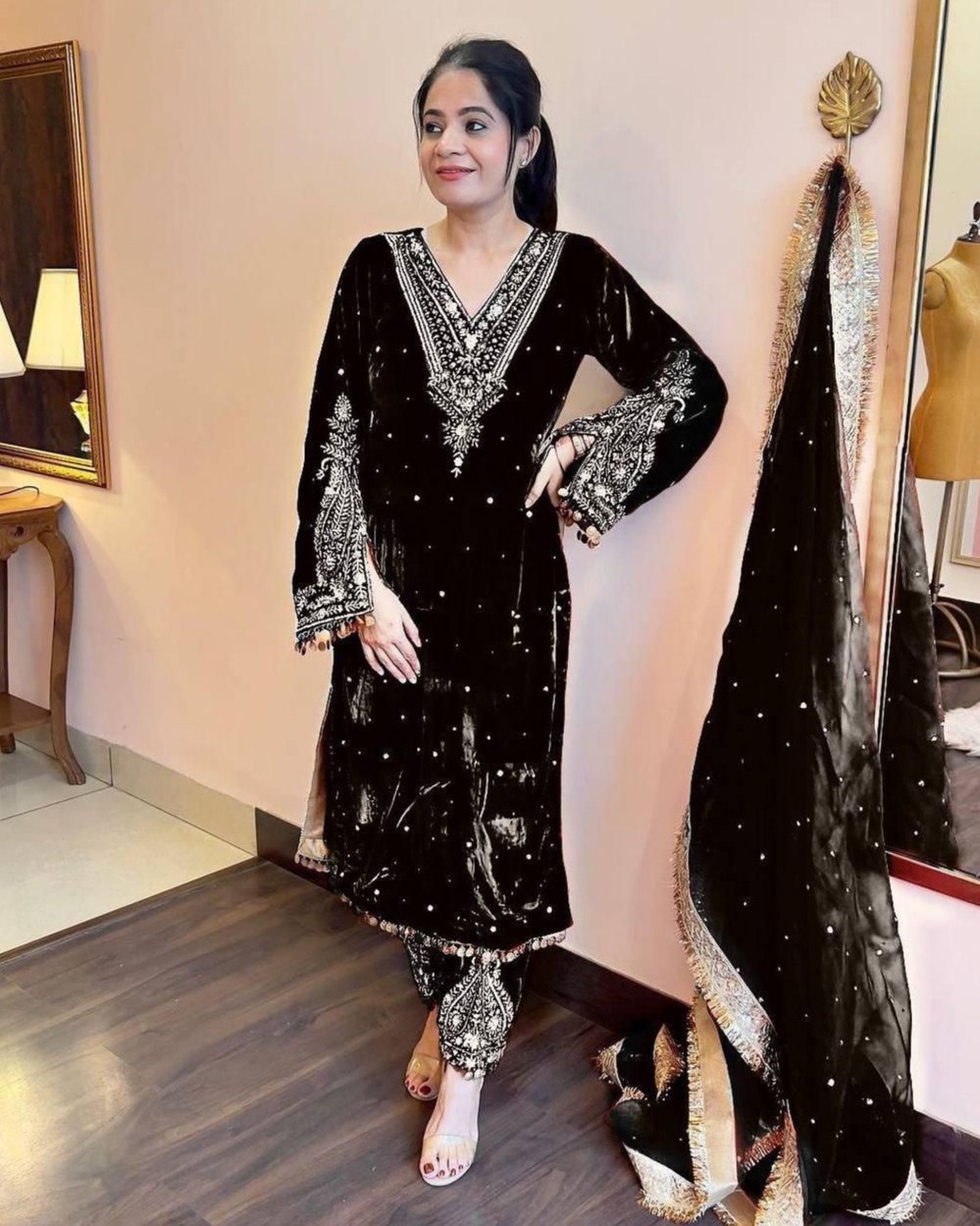 Winter Special Velvet Sequence Work Pant Suit With Dupatta