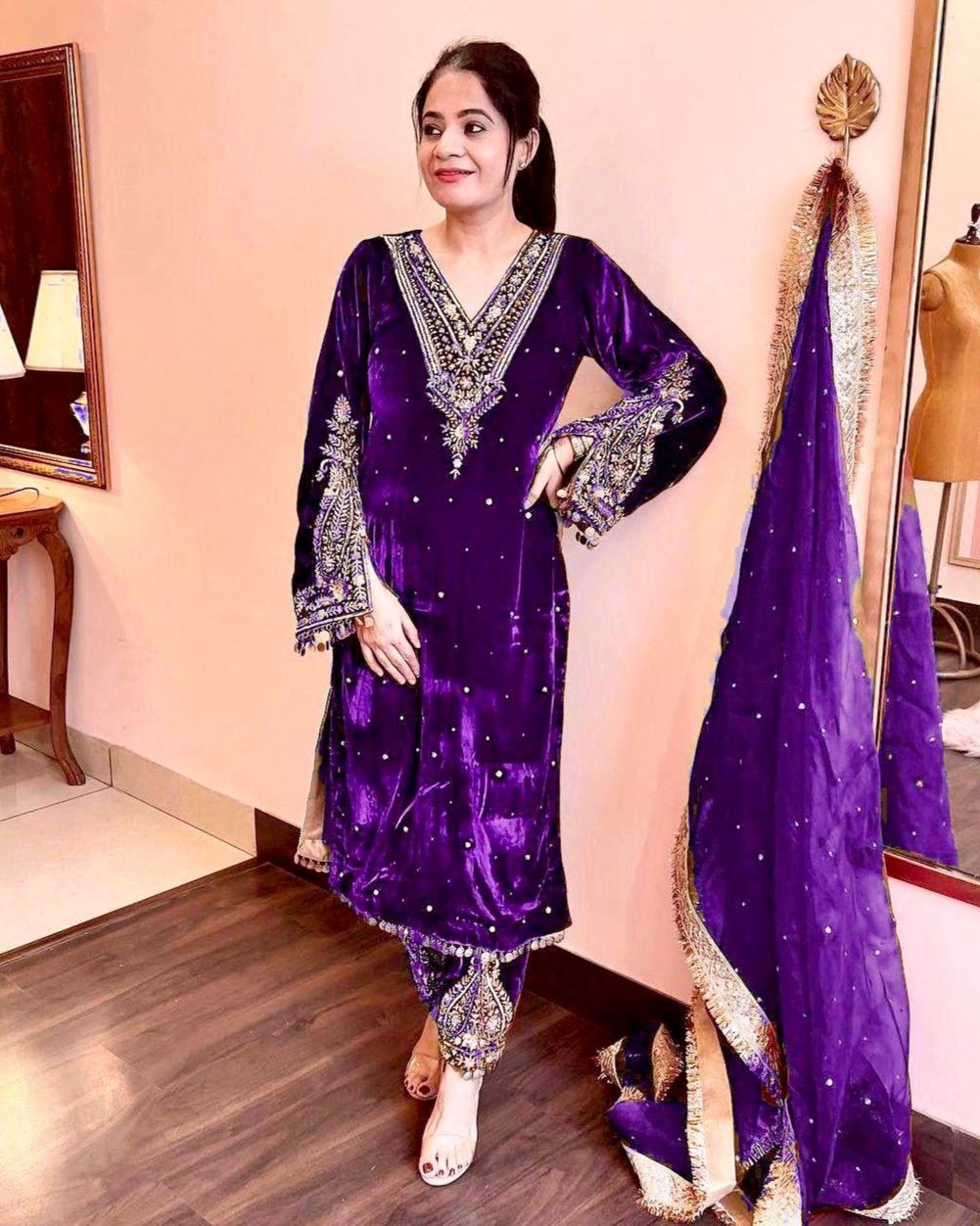 Winter Special Velvet Sequence Work Pant Suit With Dupatta