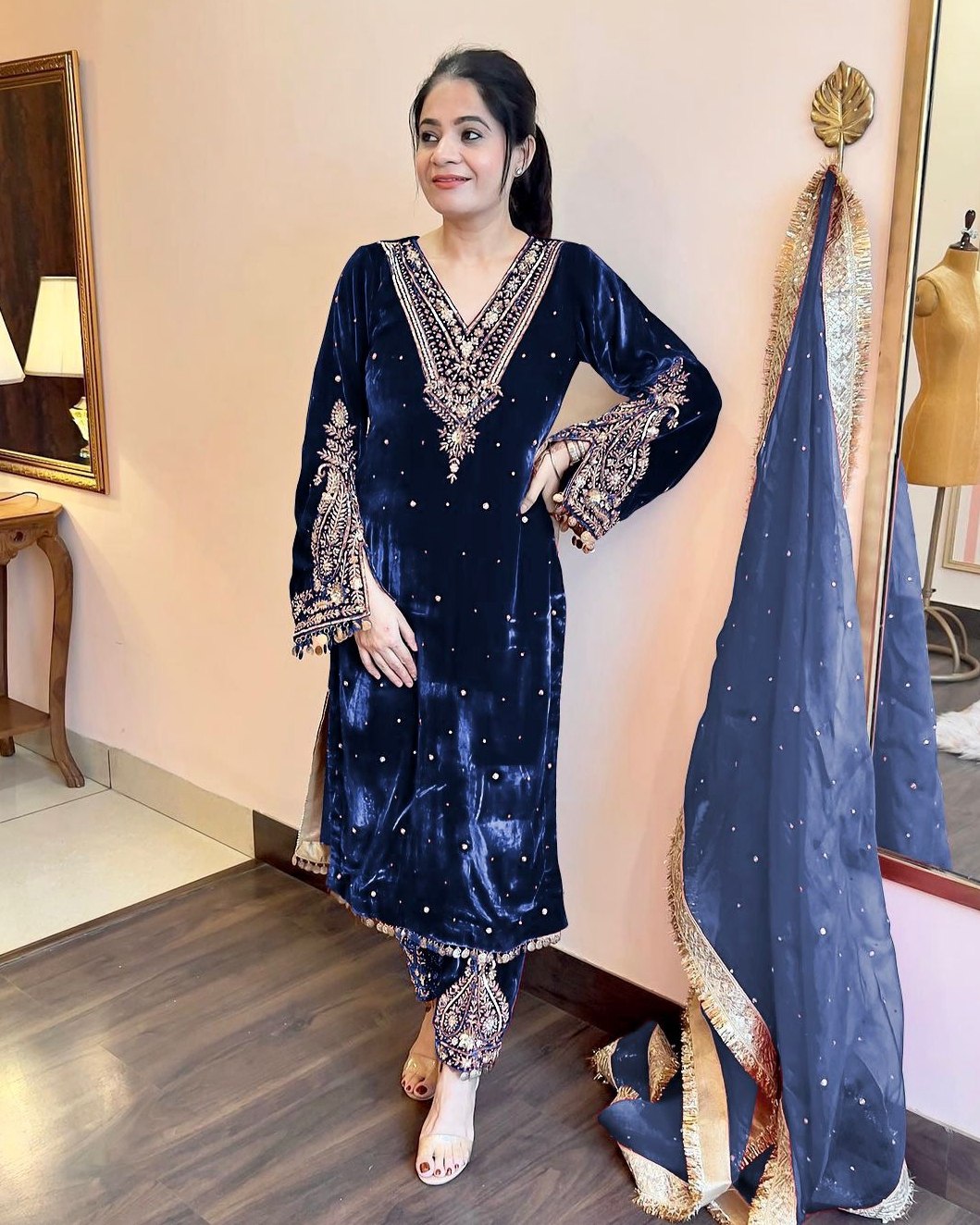Winter Special Velvet Sequence Work Pant Suit With Dupatta