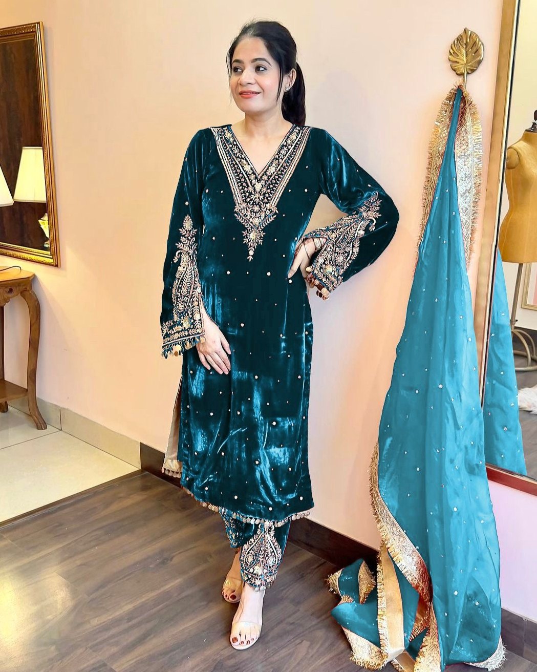 Winter Special Velvet Sequence Work Pant Suit With Dupatta