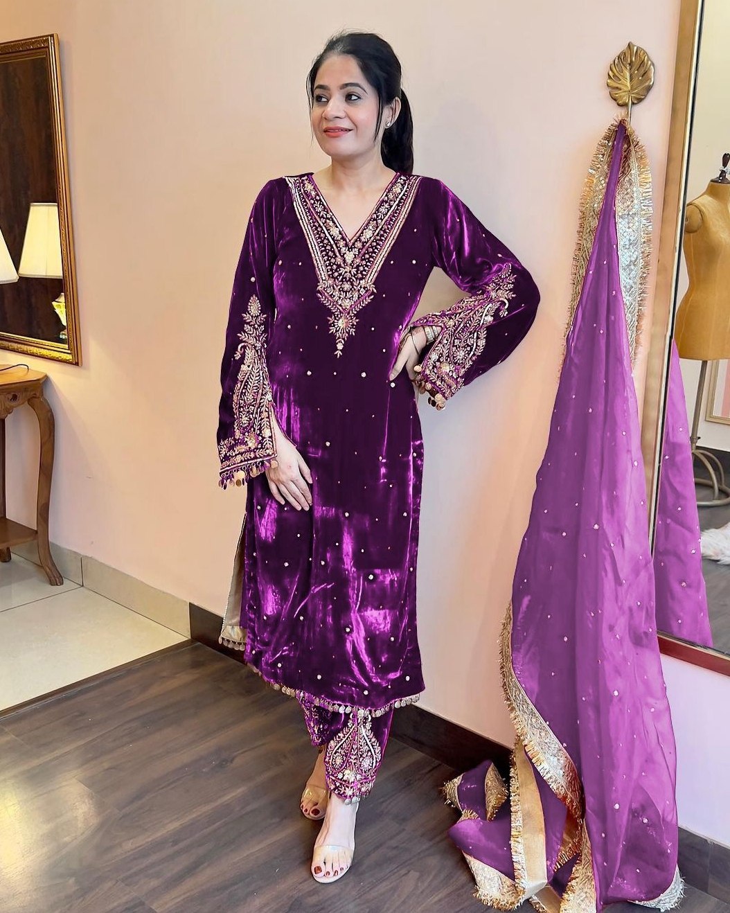 Winter Special Velvet Sequence Work Pant Suit With Dupatta