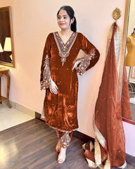 Winter Special Velvet Sequence Work Pant Suit With Dupatta