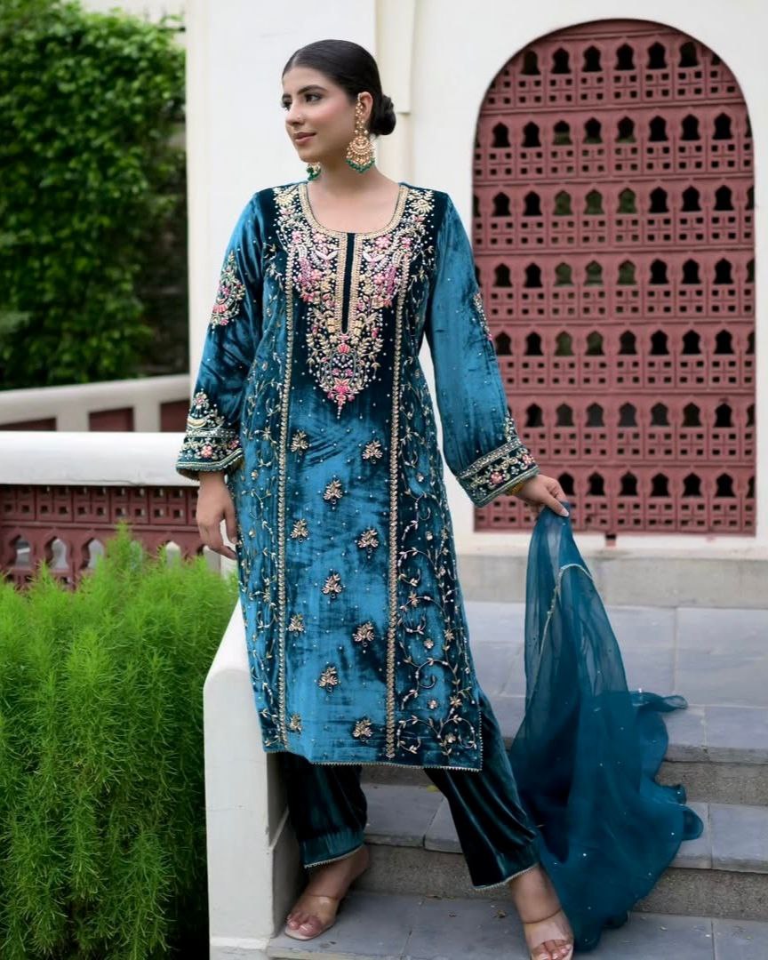 Exclusive Teal Blue Premium Velvet Pant Kurti With Dupatta