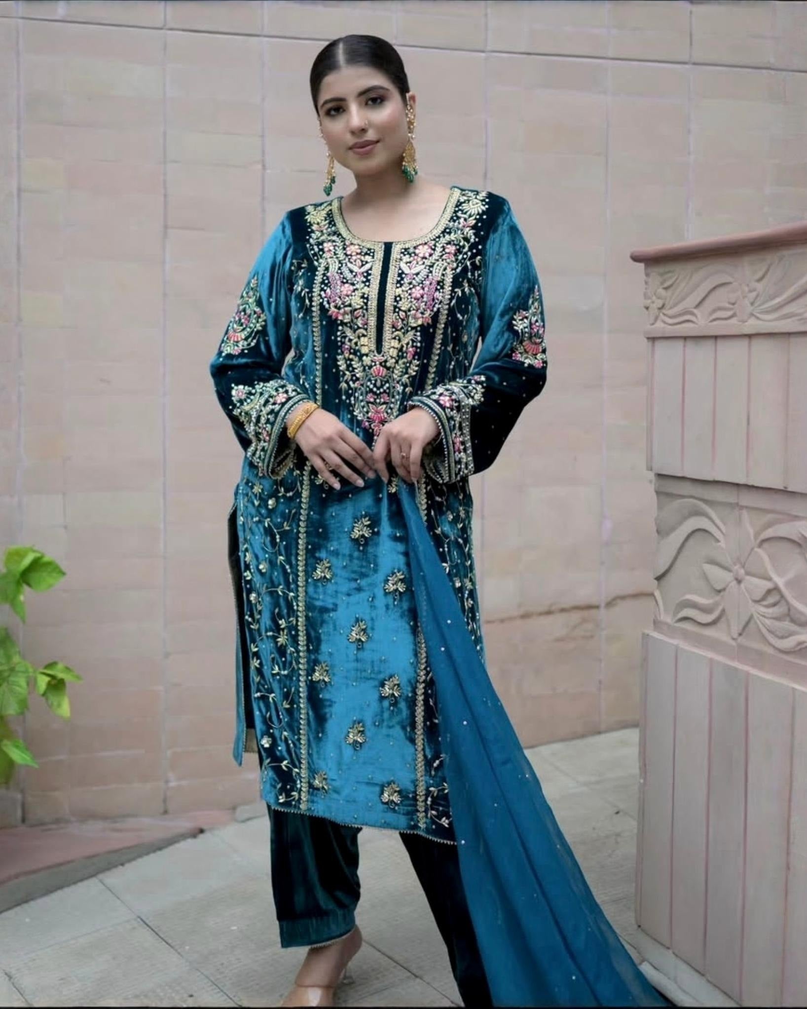 Exclusive Teal Blue Premium Velvet Pant Kurti With Dupatta