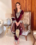 Exclusive Wine Maroon Premium Velvet Suit With Dupatta