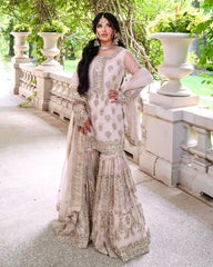 White Soft Georgette Sequence Work Gharara Suit With Dupatta