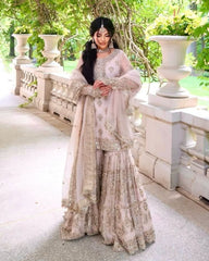 White Soft Georgette Sequence Work Gharara Suit With Dupatta