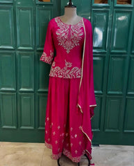 Pink Chinon Silk Sequence Work Sharara-Top With Dupatta