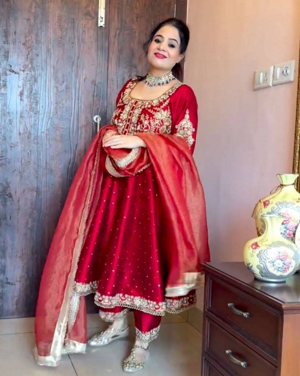 Red Chinon Silk Sequence Work Anarkali Suit With Dupatta