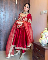 Red Chinon Silk Sequence Work Anarkali Suit With Dupatta