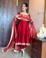 Red Chinon Silk Sequence Work Anarkali Suit With Dupatta
