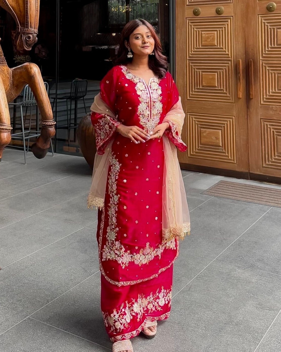 Ready To Wear Green , Red & Black Jimmy Silk Embroidery Work Pakistani Suit With Dupatta