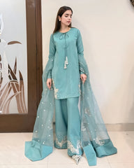 Ready To Wear Sea Green Crep Silk Embroidery Work Farshi Suit With Dupatta