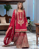 Ready To Wear Black , Fanta & Pink Soft Georgette Embroidery Work Gharara Suit With Dupatta