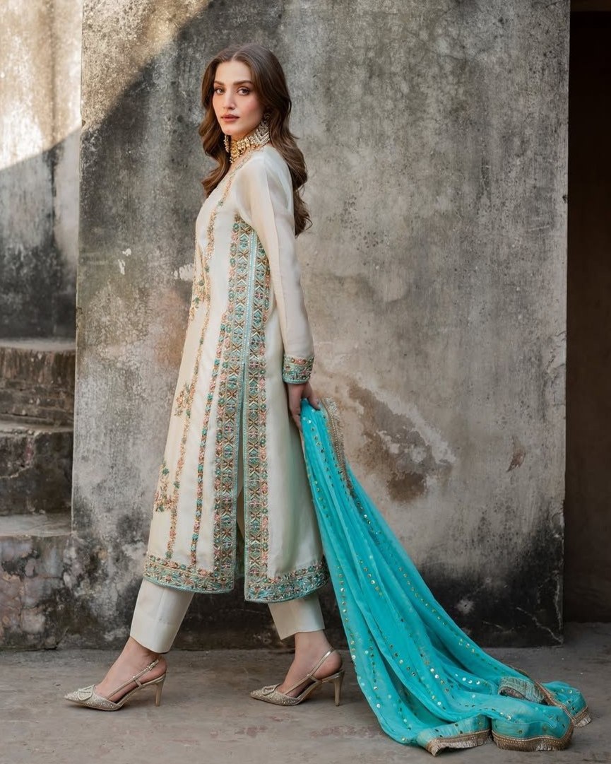 Exclusive Cream Silk Embroidered Pakistani Suit With Sky Dupatta