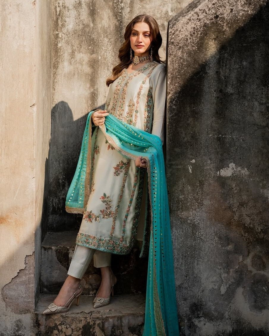 Exclusive Cream Silk Embroidered Pakistani Suit With Sky Dupatta