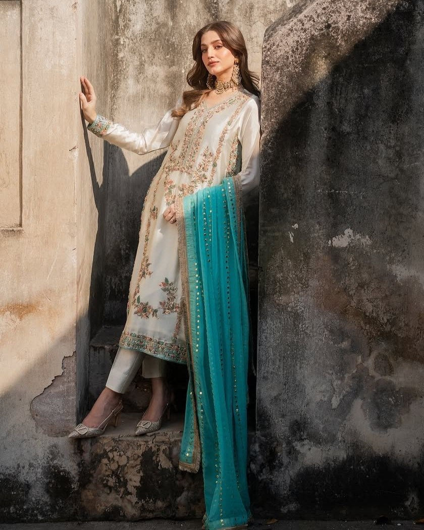Exclusive Cream Silk Embroidered Pakistani Suit With Sky Dupatta