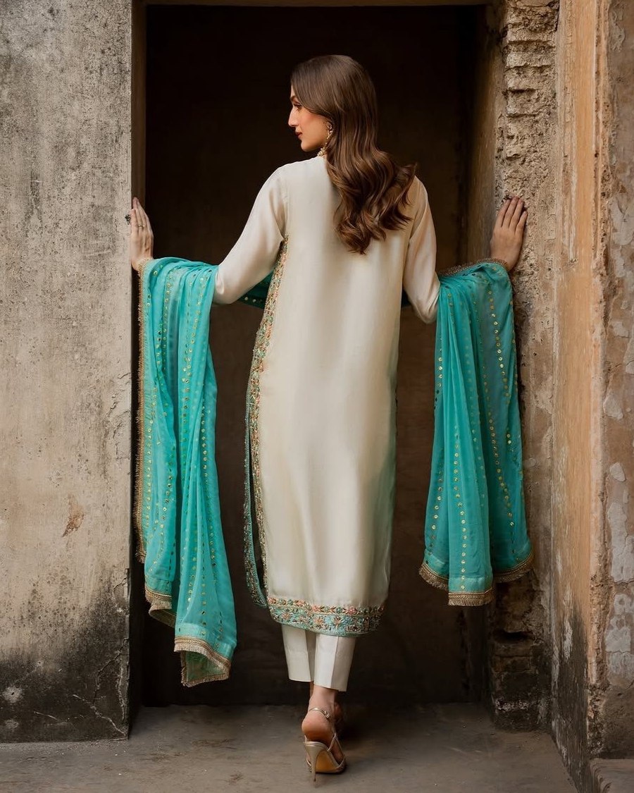 Exclusive Cream Silk Embroidered Pakistani Suit With Sky Dupatta