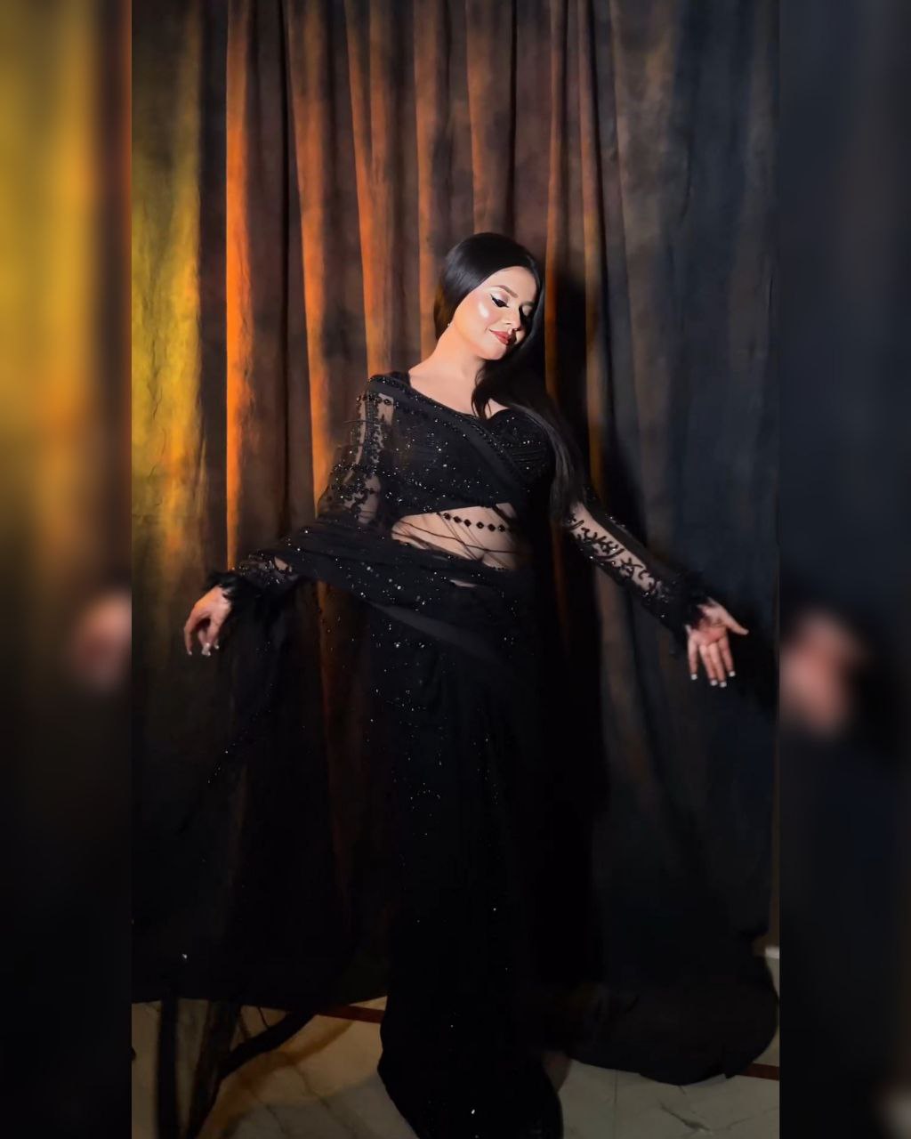 Ready To Wear Black Mono Net Sequence Work Saree With Blouse